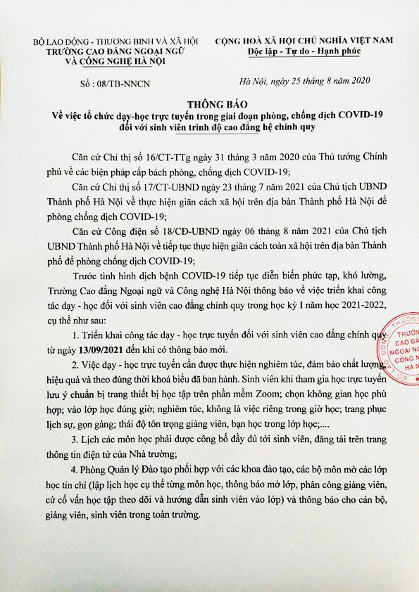 thông báo về việc dạy học trực tuyến